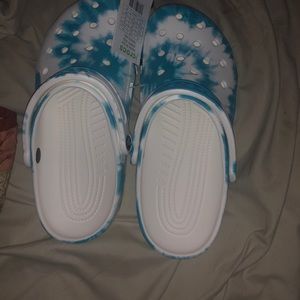 Blue tie dye crocs